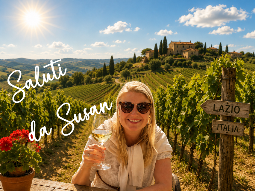 Susan van La Diga met een glas witte wijn in een wijngaard in Lazio